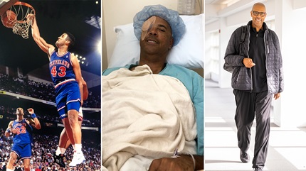 Brad playing basketball and Brad after eye surgery. 