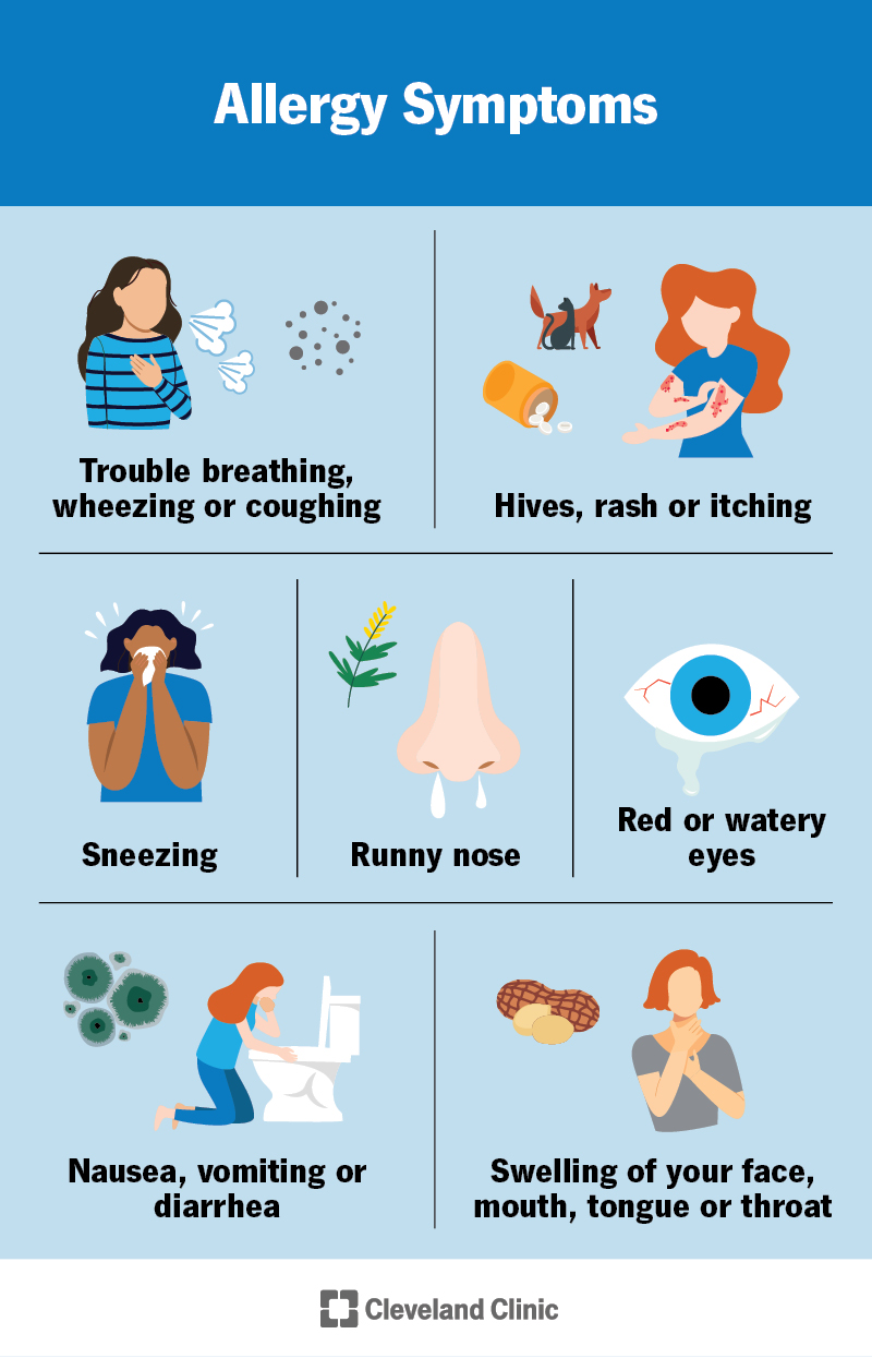 Allergy symptoms include trouble breathing, itching, sneezing, runny nose, cough, rash, vomiting, swelling and more